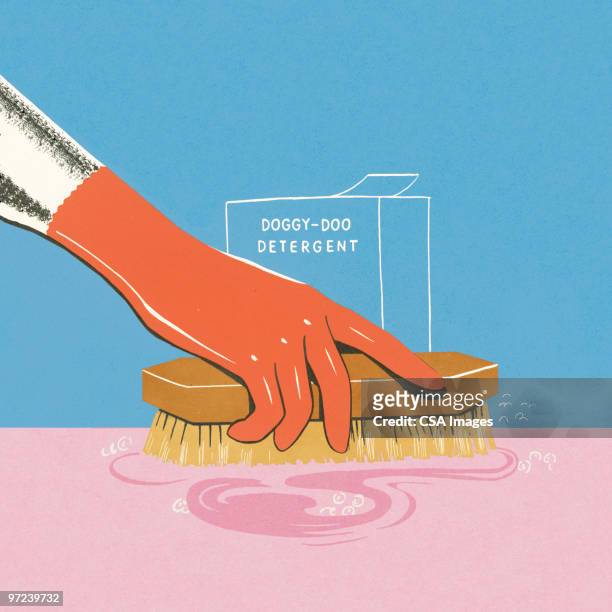 ilustraciones, imágenes clip art, dibujos animados e iconos de stock de woman scrubbing with doggy-doo detergent - scrubbing