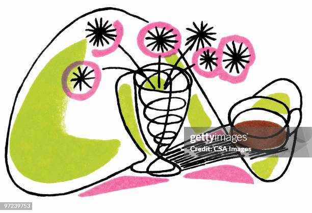 flowers in a vase with coffee - flower arrangement stock illustrations