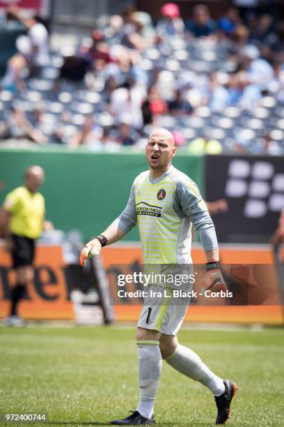 Goalkeeper Brad Guzan of Atlanta United shows his intensity to start the 2nd half during the match between New York City FC and Atlanta United FC at...
