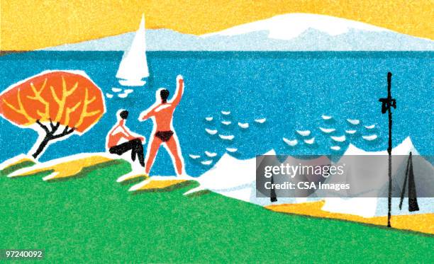 beach scene - man camping stock illustrations