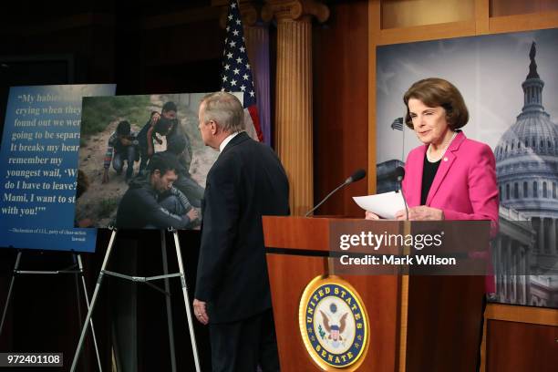 Senate Judiciary ranking member Dianne Feinstein, , is flanked by Senate Minority Whip Dick Durbin, while speaking about the Keep Families Together...