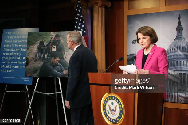 Senate Judiciary ranking member Dianne Feinstein, , is flanked by Senate Minority Whip Dick Durbin, while speaking about the Keep Families Together...