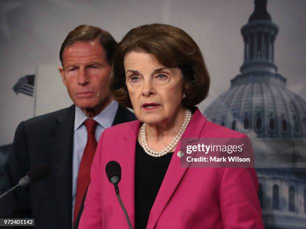 Senate Judiciary ranking member Dianne Feinstein, is flanked by Sen. Richard Blumenthal while speaking about the Keep Families Together Act, which...