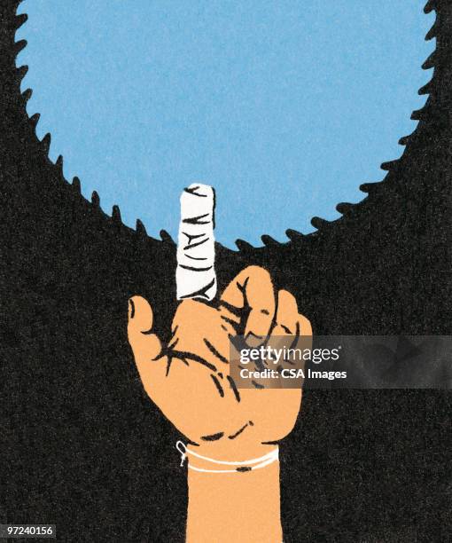 ilustrações, clipart, desenhos animados e ícones de bandaged finger and saw blade - serra circular