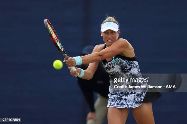 Yanina Wickmayer of Belgium during Day 4 of the Nature Valley open at Nottingham Tennis Centre on June 12, 2018 in Nottingham, England.