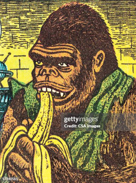 gorilla with banana - gorilla illustration stock illustrations