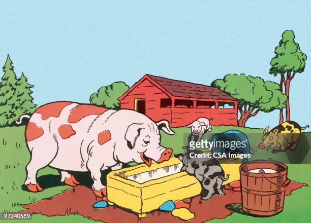 pigs at a trough - pig stock illustrations