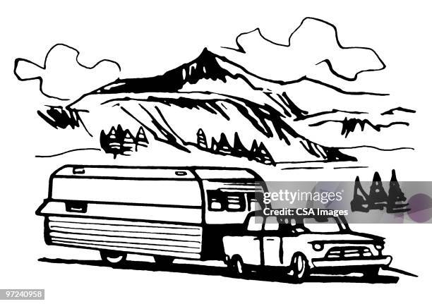 stockillustraties, clipart, cartoons en iconen met camping trailer - beschermd natuurgebied