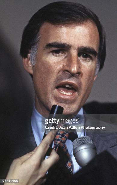 Governor Jerry Brown conducts interviews at the 'Californians For Kennedy' event at the Biltmore Hotel in 1980 in Los Angeles, California.