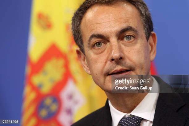 Spanish Prime Minister Jose Luis Rodriguez Zapatero speaks to the media after bilateral talks with German Chancellor Angela Merkel on March 1, 2010...