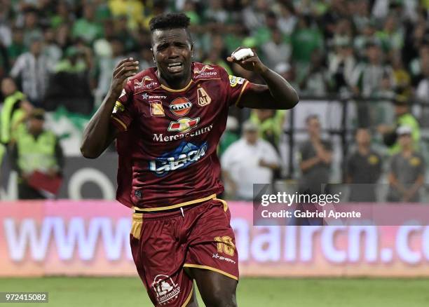 Marco Perez of Tolima celebrates after scoring in the penalty shootout during the second leg match between Atletico Nacional and Deportes Tolima as...