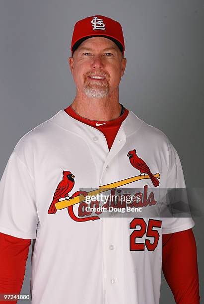 Hitting coach Mark McGwire of the St. Louis Cardinals during photo day at Roger Dean Stadium on March 1, 2010 in Jupiter, Florida.