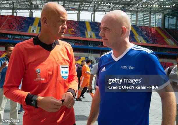 Pierluigi Collina and FIFA president Gianni Infantino attend FIFA Congress Delegation Football Tournament at Arena CSKA stadium on June 12, 2018 in...