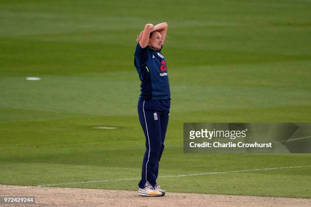 Laura Marsh of England reacts as England struggle to break the opening partnership during the ICC Women's Championship 2nd ODI match between England...