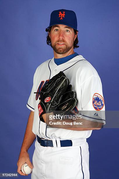 Pitcher R.A. Dickey of the New York Mets poses during photo day at Tradition Field on February 27, 2010 in Port St. Lucie, Florida.