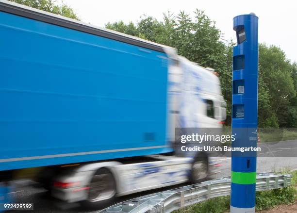 From 1. July 2018 truck toll on federal roads in Germany. The photo shows a toll column at the federal road B42 near Rheinbreitbach