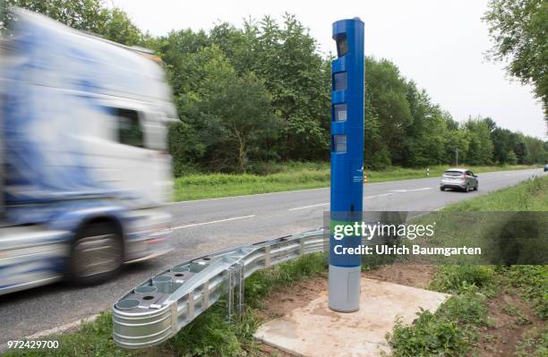 From 1. July 2018 truck toll on federal roads in Germany. The photo shows a toll column at the federal road B42 near Rheinbreitbach