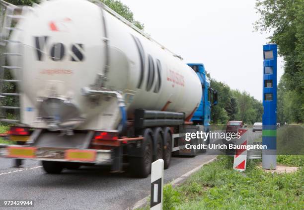 From 1. July 2018 truck toll on federal roads in Germany. The photo shows a toll column at the federal road B42 near Rheinbreitbach