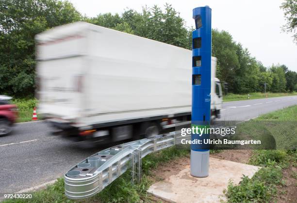 From 1. July 2018 truck toll on federal roads in Germany. The photo shows a toll column at the federal road B42 near Rheinbreitbach