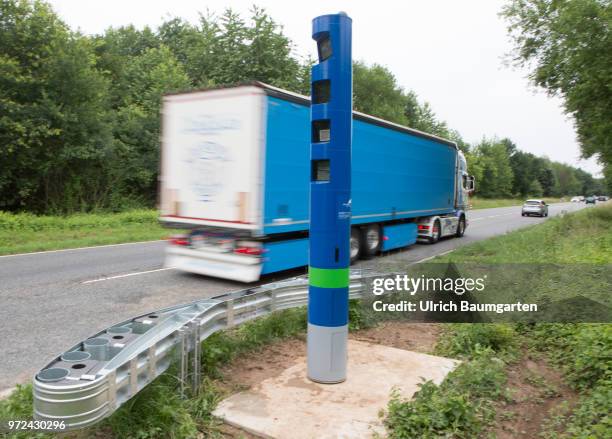 From 1. July 2018 truck toll on federal roads in Germany. The photo shows a toll column at the federal road B42 near Rheinbreitbach