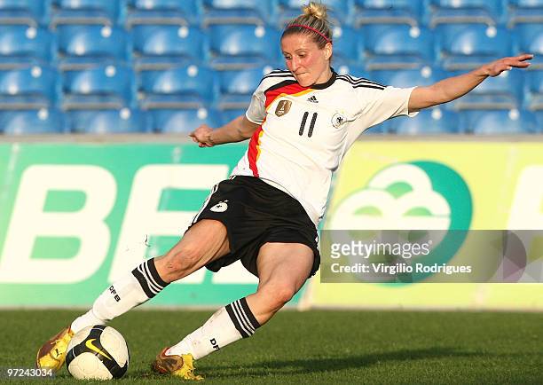 Anja Mittag of Germany in action during the Woman Algarve Cup match between Germany and China at the Estadio Algarve on March 1, 2010 in Faro,...