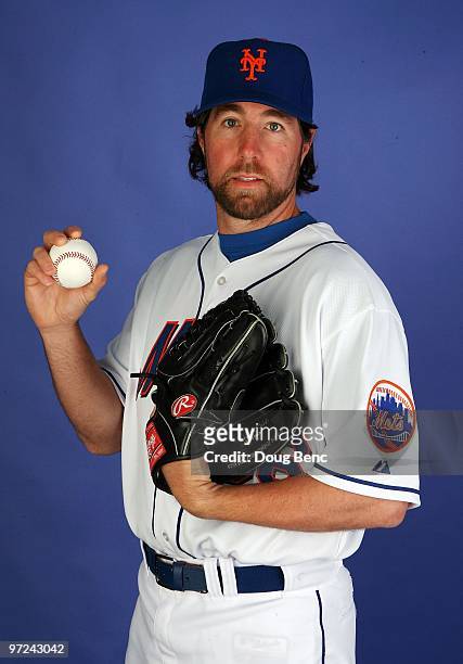 Pitcher R.A. Dickey of the New York Mets poses during photo day at Tradition Field on February 27, 2010 in Port St. Lucie, Florida.