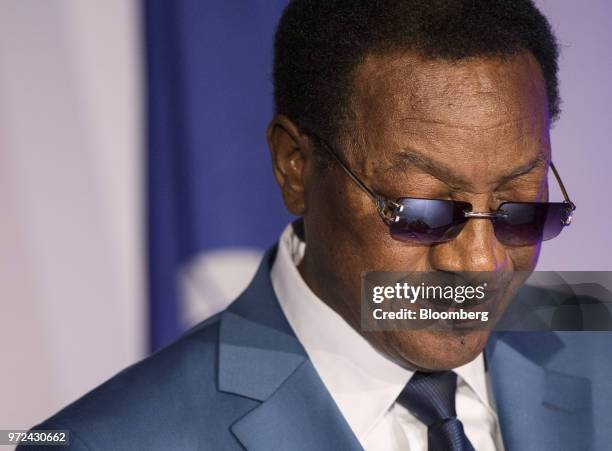 Bruno Tshibala Nzenze, Democratic Republic of Congo's prime minister, listens during the International Economic Forum Of The Americas in Montreal,...