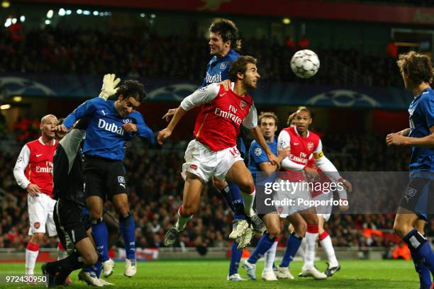 Mathieu Flamini of Arsenal causing problems for the Hamburg defence during the UEFA Champions League Group G match between Arsenal and Hamburg SV at...