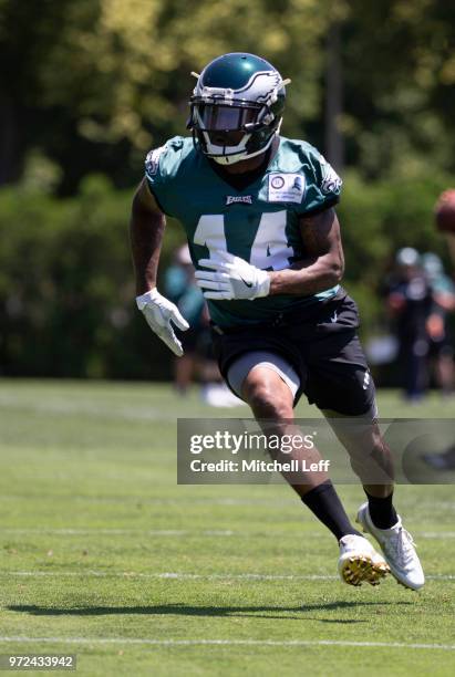 Mike Wallace of the Philadelphia Eagles runs a route during Eagles minicamp at the NovaCare Complex on June 12, 2018 in Philadelphia, Pennsylvania.