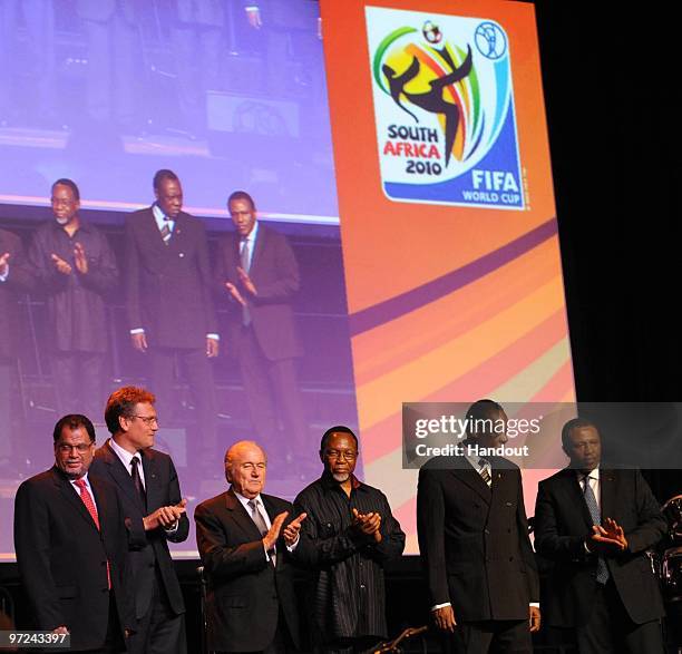 In this handout image provided by the 2010 FIFA World Cup Organising Committee for South Africa, Jerome Valcke of Fifa, LOC CEO Danny Jordaan, FIFA...