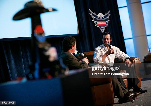 Sprint Cup Series driver Sam Hornish Jr. Talks with Texas Motor Speedway President Eddie Gossage during Texas Motor Speedway Media Day March 1, 2010...