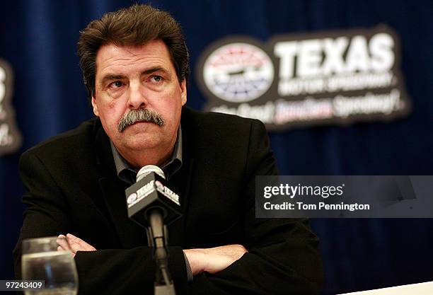 President Mike Helton talks with the media during Texas Motor Speedway Media Day March 1, 2010 in Fort Worth, Texas.