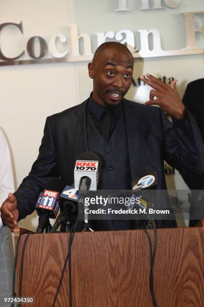 Actor Darris Love speaks during a press conference to discuss being mistakenly detained by police at The Cochran Firm on June 12, 2018 in Los...