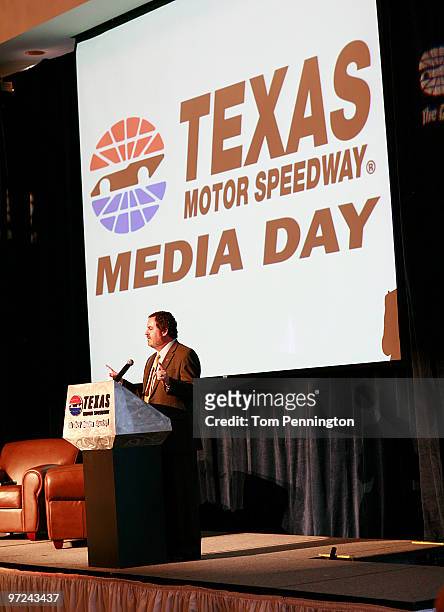 Texas Motor Speedway President Eddie Gossage welcomes members of the media and guests to Texas Motor Speedway Media Day March 1, 2010 in Fort Worth,...