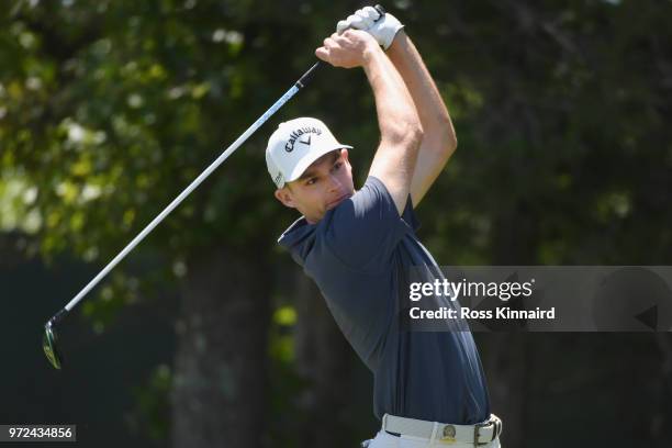 Aaron Wise of the United States plays his shot from the third tee during a practice round prior to the 2018 U.S. Open at Shinnecock Hills Golf Club...