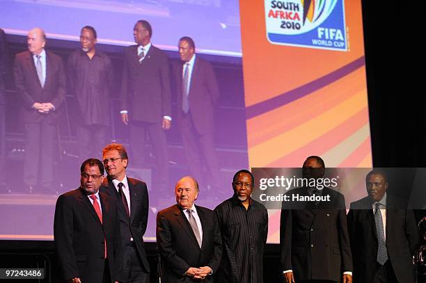 In this handout image provided by the 2010 FIFA World Cup Organising Committee for South Africa, Jerome Valcke of Fifa, LOC CEO Danny Jordaan, FIFA...