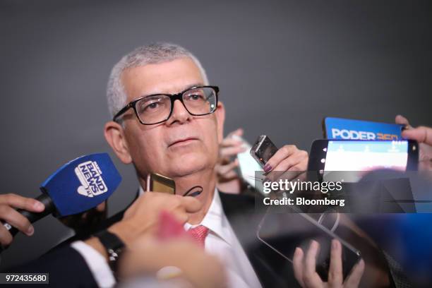 Ivan Monteiro, chief executive officer of Petroleos Brasileiros SA , speaks to members of the media at the National Congress building following a...