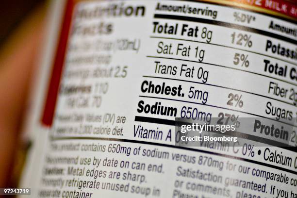 Nutrition facts label displays sodium content in a supermarket in New York, U.S., on Monday, March 1, 2010. The U.S. Food industry may face federal...