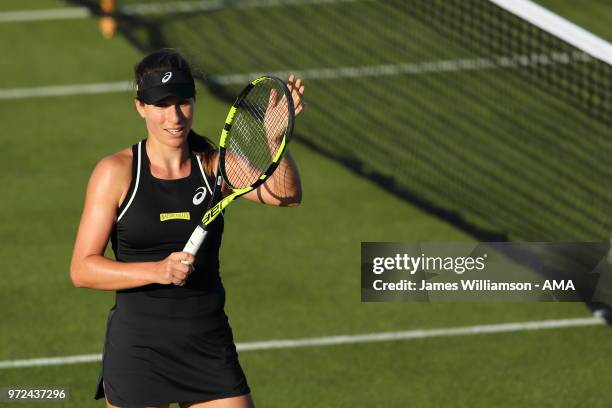 Johanna Konta of Greay Britian celebrates after overcoming her first round opponent Kurumi Nara of Japan during Day 4 of the Nature Valley open at...