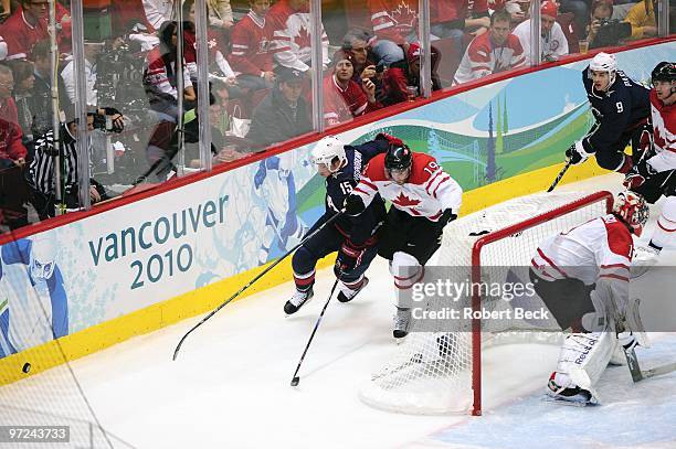 Winter Olympics: USA Jamie Langenbrunner in action vs Canada Joe Thornton during Men's Gold Medal Game - Game 30 at Canada Hockey Place. Vancouver,...