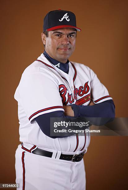 Bullpen coach Eddie Perez of the Atlanta Braves poses during photo day at Champions Stadium on February 26, 2010 in Kissimmee, Florida.