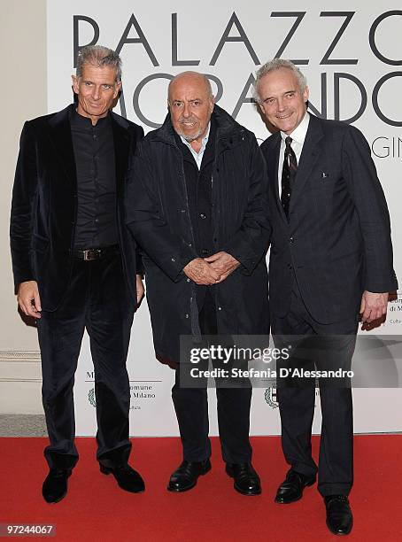 Massimiliano Finazzer Flory, Elio Fiorucci and Enrico Marinelli attend the opening of new exhibition space at Palazzo Morimondo dedicated to fashion...