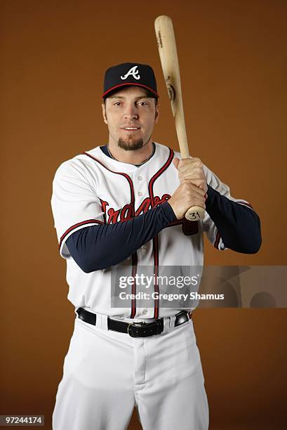 Eric Hinske of the Atlanta Braves poses during photo day at Champions Stadium on February 26, 2010 in Kissimmee, Florida.