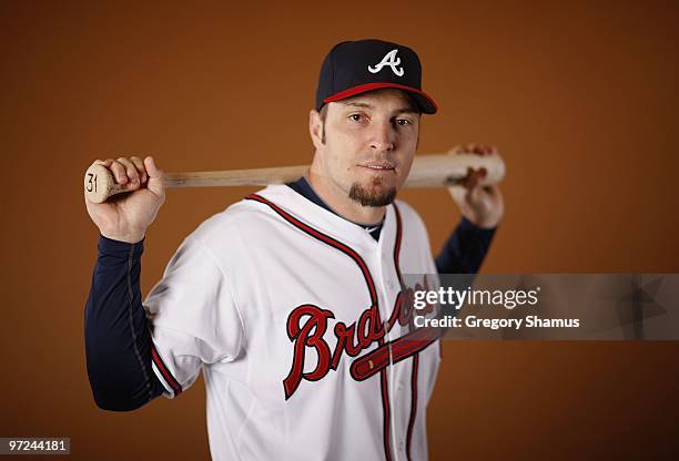 Eric Hinske of the Atlanta Braves poses during photo day at Champions Stadium on February 26, 2010 in Kissimmee, Florida.