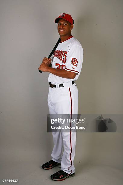 Outfielder Justin Maxwell of the Washington Nationals poses during photo day at Space Coast Stadium on February 28, 2010 in Viera, Florida.