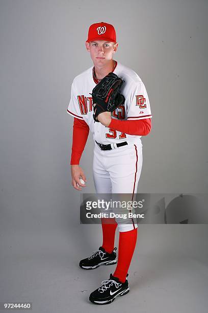 Pitcher Stephen Strasburg of the Washington Nationals poses during photo day at Space Coast Stadium on February 28, 2010 in Viera, Florida.