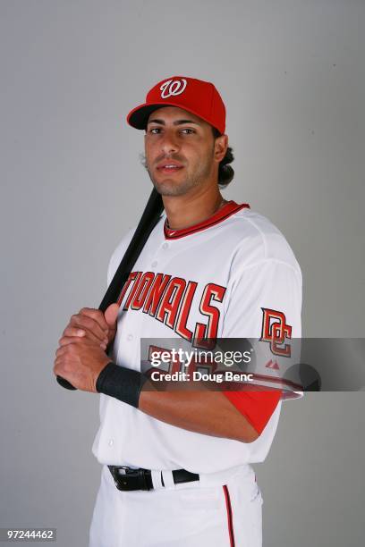 Outfielder Mike Morse of the Washington Nationals poses during photo day at Space Coast Stadium on February 28, 2010 in Viera, Florida.