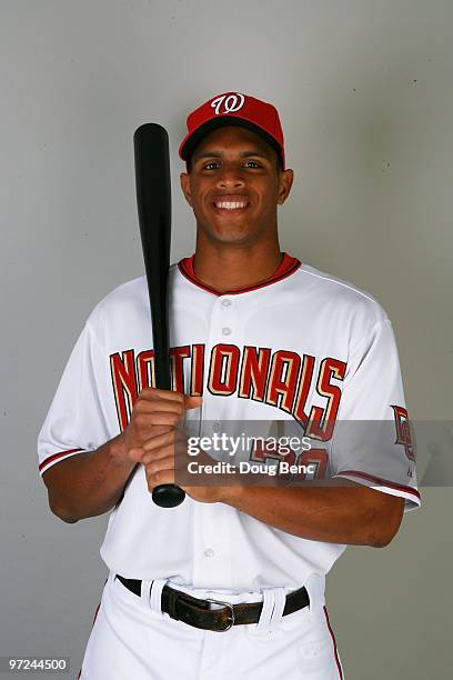 Outfielder Justin Maxwell of the Washington Nationals poses during photo day at Space Coast Stadium on February 28, 2010 in Viera, Florida.