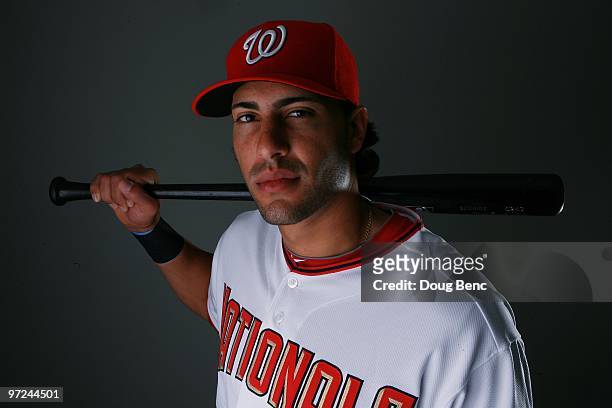 Outfielder Mike Morse of the Washington Nationals poses during photo day at Space Coast Stadium on February 28, 2010 in Viera, Florida.