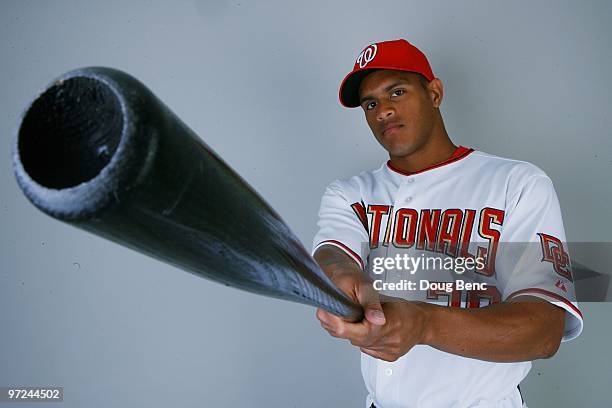 Outfielder Justin Maxwell of the Washington Nationals poses during photo day at Space Coast Stadium on February 28, 2010 in Viera, Florida.